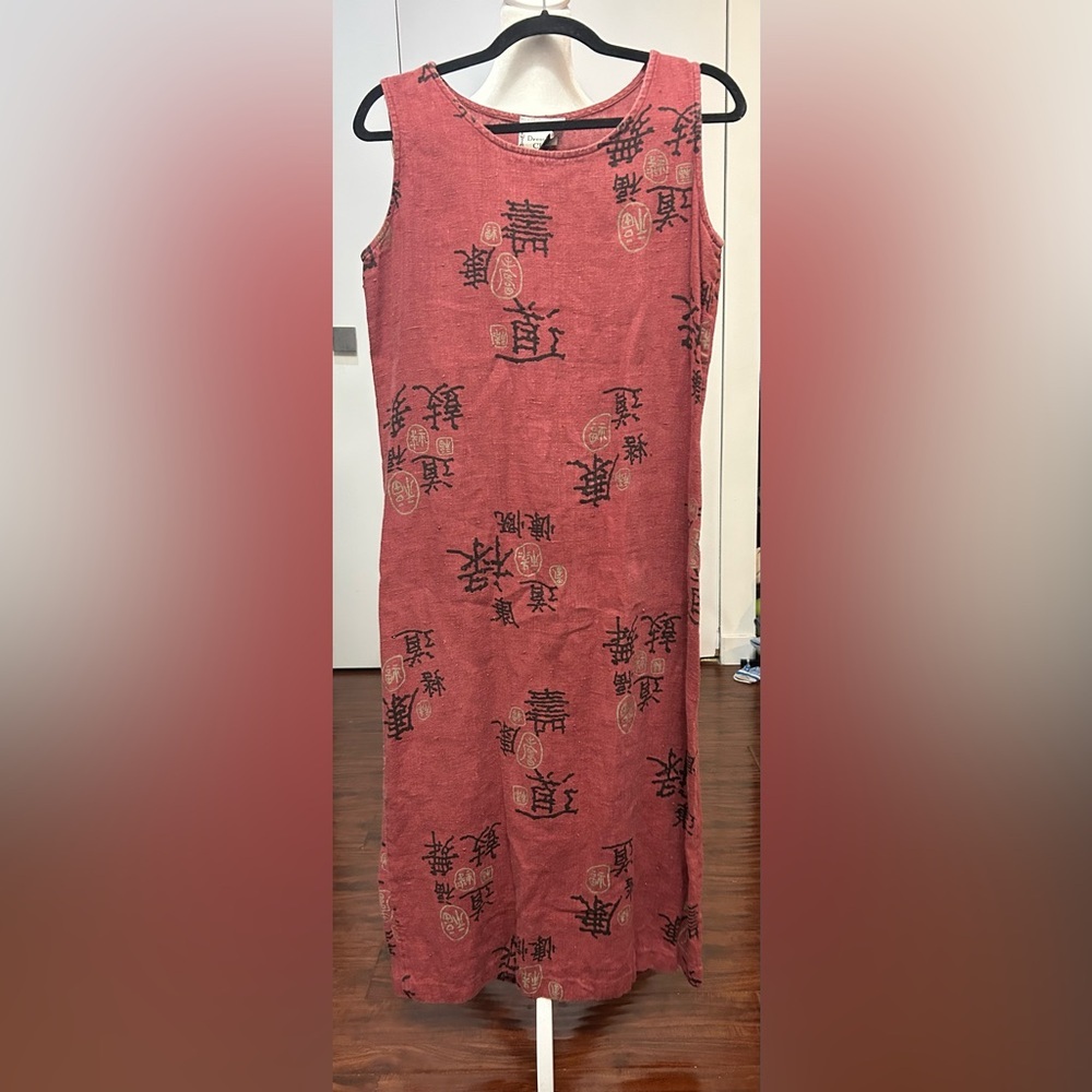 Vintage Dressing Clio Chinese Characters Sleeveless Dress 100% Linen